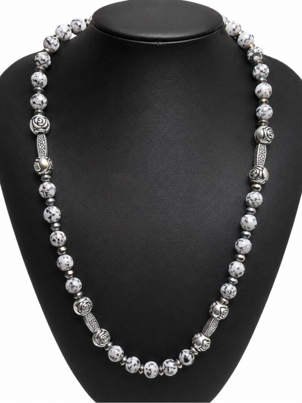 Dalmatian Jasper & Rose Beads Necklace Handmade Designer Jewelry NWT